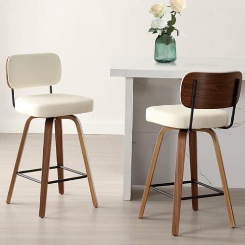 Mid Century Modern 26" Faux Leather Bar Stool Set, Cream White with Back