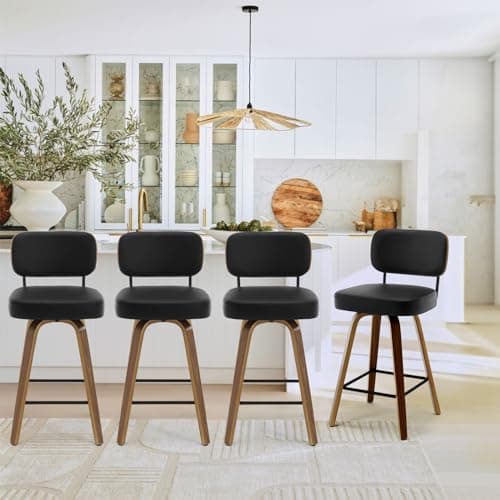 Set of 4 Swivel 26 Upholstered Faux Leather Bar Stools with Back and Wood Legs - Mid Century Modern Kitchen Counter Chairs in Black