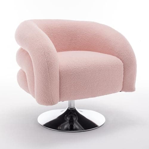 i-POOK Circle Swivel Chair, Boucle Single Sofa Chair with Swivel Base and Wood Frame, Pink