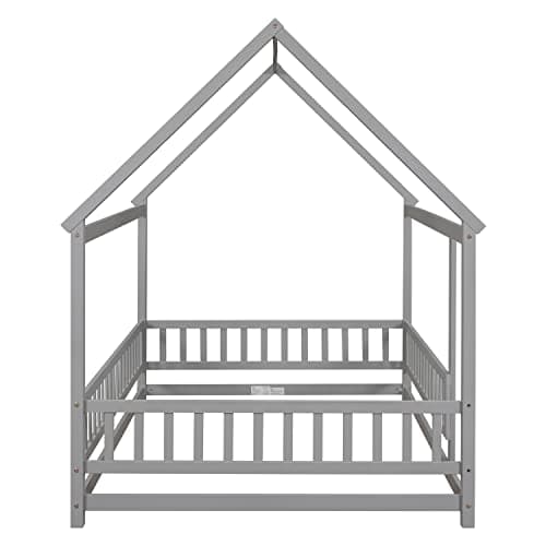 Solid Wood Platform Bed for Boys and Girls with Guardrails and Door Playhouse, Gray