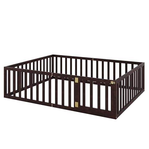 Sturdy Pine Wood Queen Bed Frame with Fence and Door, Walnut Finish