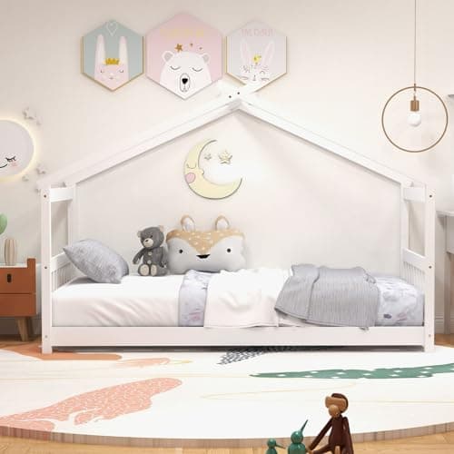 KOMFOTT Twin Wood House Bed for Kids, White, No Box Spring Needed