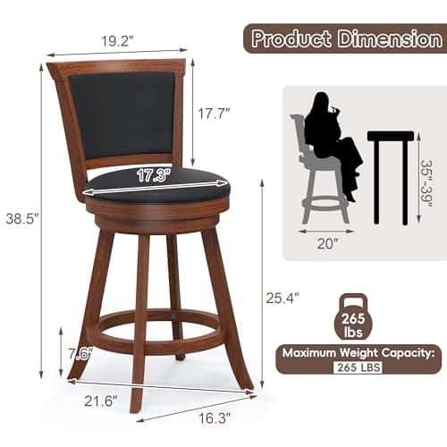 MU 24" Counter Height Swivel Bar Stools with Back for Kitchen Island, Pub, Restaurant