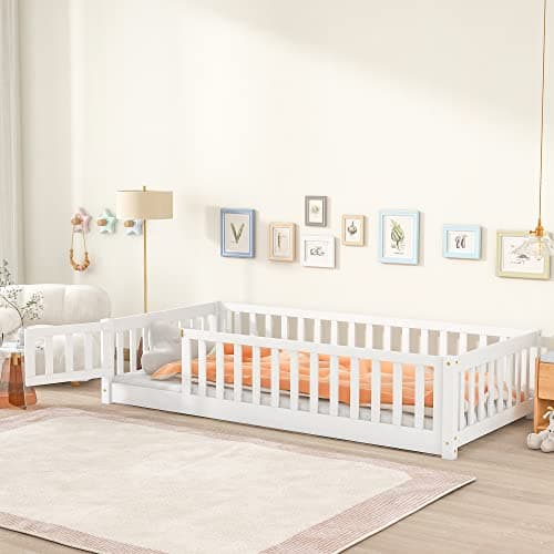 Grey Twin Size Montessori Bed Frame with Fence & Door, Easy Assemble