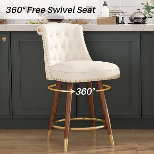 4-Piece 360° Swivel Bar Stool Set, Velvet Back with Footrest, Beige Fabric, 24" Seat Height