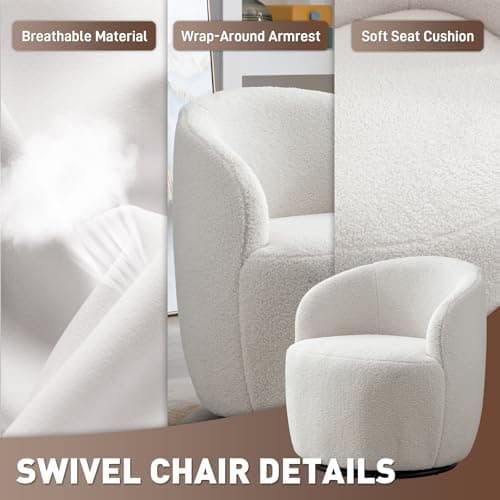 Ivory Boucle Swivel Chair, 360° Rotating Living Room Accent Chair