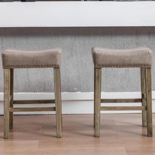 Set of 2 Counter Height Bar Stools, Solid Wood Legs, Faux Leather Cushion, Gray