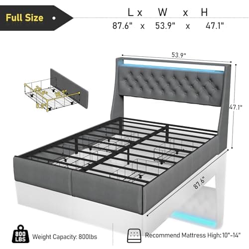 SADENICEL Full Size Bed Frame with Storage and LED Light, Charging Station, Grey