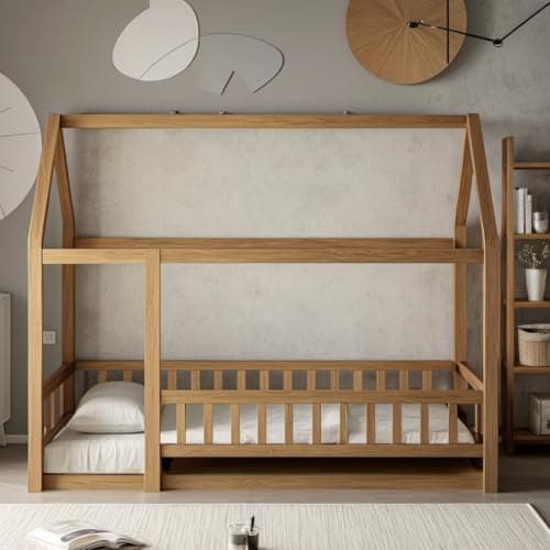 Montessori Twin Size Floor Bed with Roof & Fence Guardrails for Boys Girls Bedroom