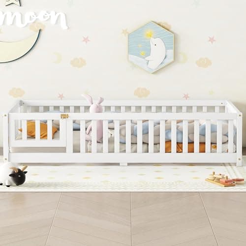 Full-Size Montessori Floor Bed with Slats & Center Support Bar (Natural)