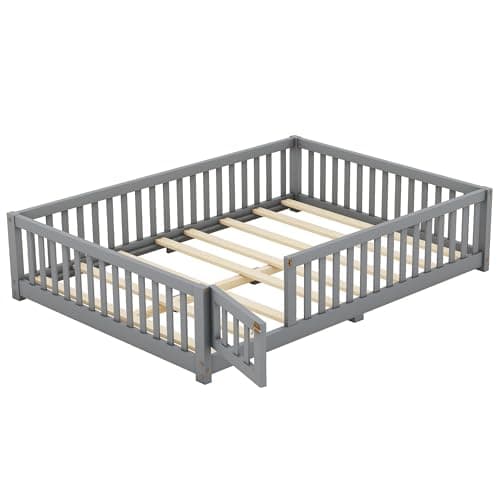 Gray Montessori Floor Bed with Slats and Center Support Bar