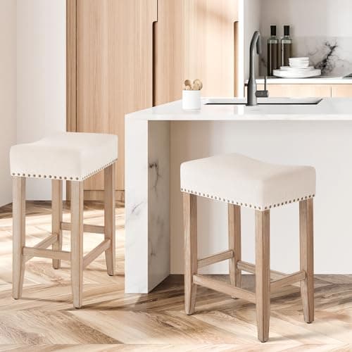 Furniliving Beige Upholstered Bar Stools Set of 2, 25.7 Inch Counter Height