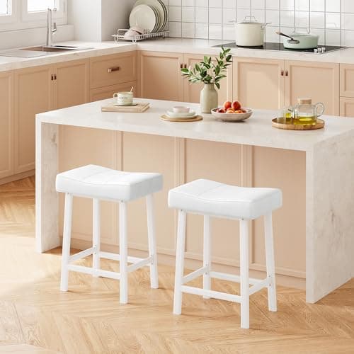 Counter Height Bar Stools Set, 24" White Upholstered Barstools for Kitchen Island