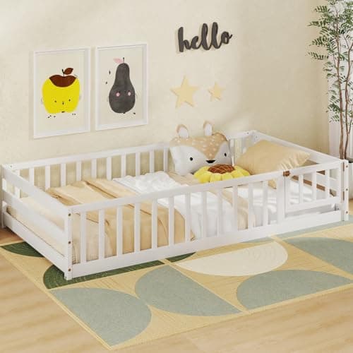 Giantex Safety Floor Bed with Door & Fence, Twin, White