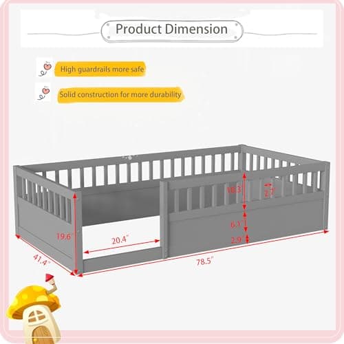 Montessori Twin Bed with High Railings for Kids, Gray