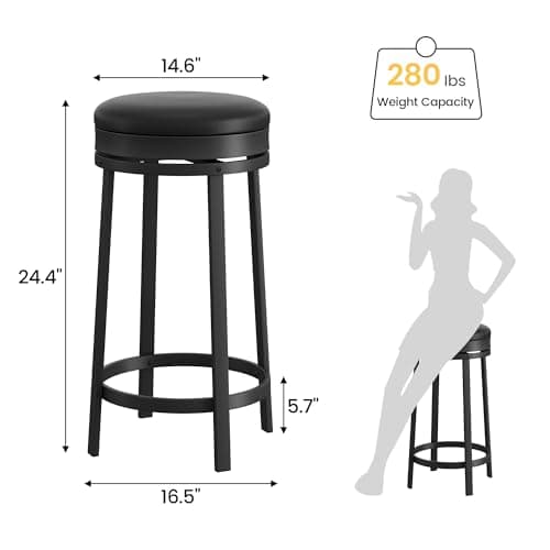 IDEALHOUSE Black Backless Swivel Bar Stools Set of 2, 24" Counter HeightPU Leather & Metal