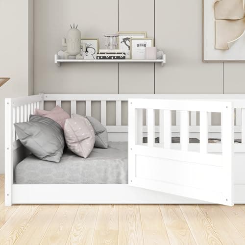 KEIKI Twin Montessori Floor Bed with Fence & Door, White