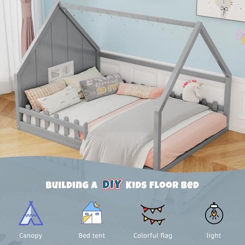Merax Wood Montessori Full Size Floor Bed with LED Light, Grey