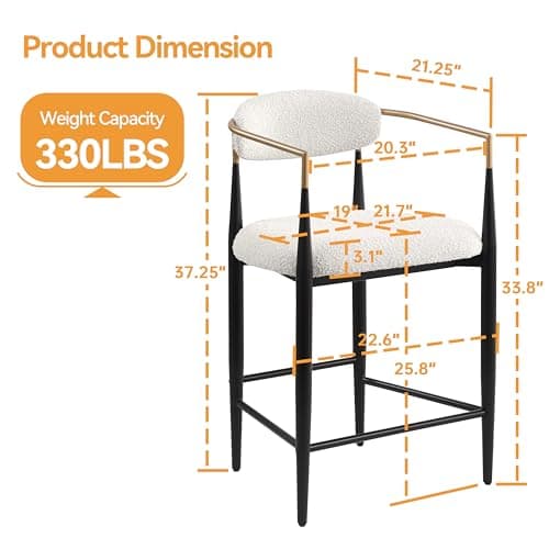 Modern Fort Boucle Counter Height Bar Stools, Set of 4, 26" Metal Legs Backrest