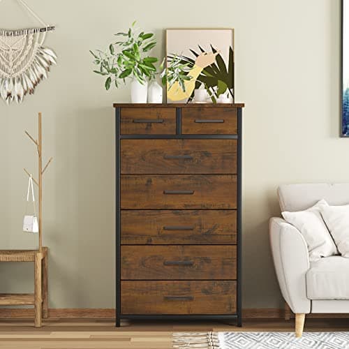 IKENO Industrial-Styled 7 Drawer Dresser with Metal Frame, Large Clothes Cabinet for Bedroom