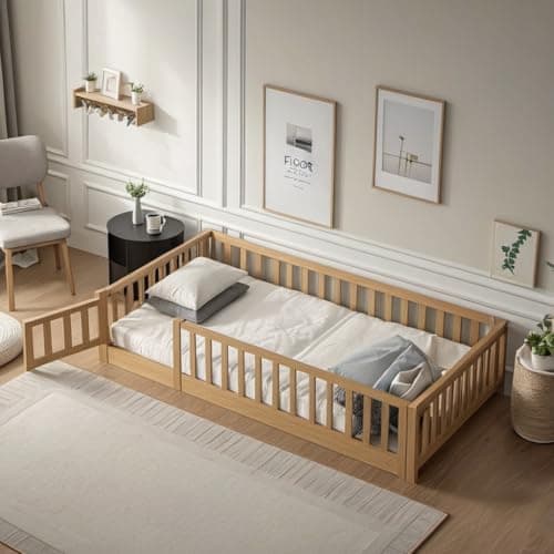 Twin Size Wood Montessori Bed with Convertible Door & Safety Guardrails for Kids, Espresso