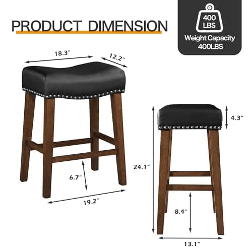 Set of 2 Black Backless Bar Stools for Kitchen Island in Counter Height, Faux Leather Upholstered Seat