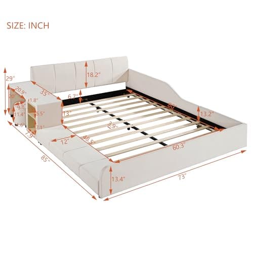 Beige Velvet Upholstered Queen Bed with Desk & Stool, No Box Spring Required