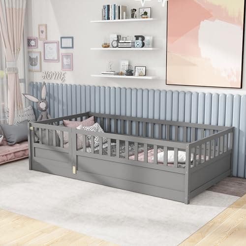 KEIKI Twin Montessori Floor Bed with Fence & Door, White