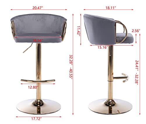 Modern Velvet Swivel Bar Stools Set of 2 with Curved Back and Chrome Footrest, Grey