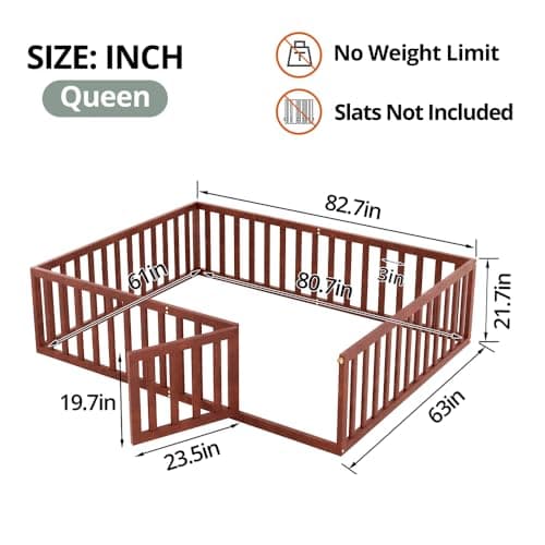 Montessori Floor Bed for Kids, Queen Size with Fence & Door - Walnut