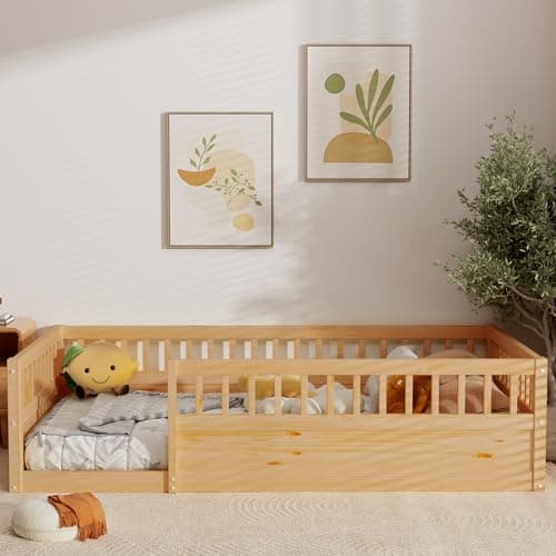 Twin Size Toddler Floor Bed Frame with High Rails & Montessori Design (Natural)