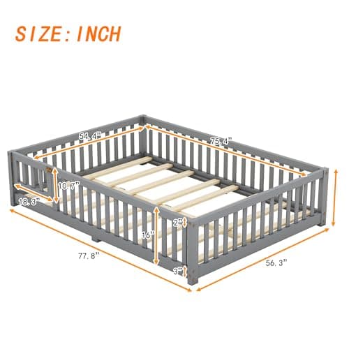 Gray Montessori Floor Bed with Slats and Center Support Bar