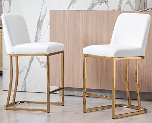 VESCASA Mid-Century Modern 24 Counter Height Barstools with Back - Set of 2, White Faux Leather with Gold Frame for Kitchen or Bar