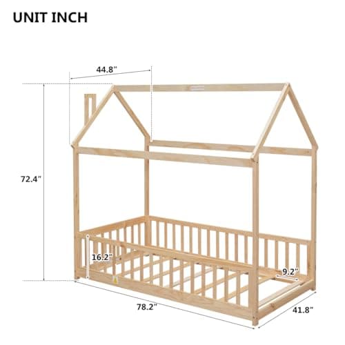 i-POOK Safety Guardrail Twin Bed with House Design, Solid Wood Slats Support, Natural Finish