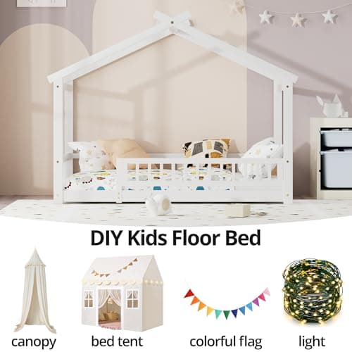 White Wooden Fence Twin Bed with Slats Support for Kids Bedroom