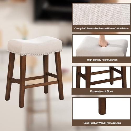 24" Modern Backless Bar Stools with Footrest & Nailhead Trim, Beige, Set of 2