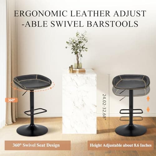 Adjustable Leather Swivel Bar Stools Set of 2 for Kitchen Island and Dining Room in Black