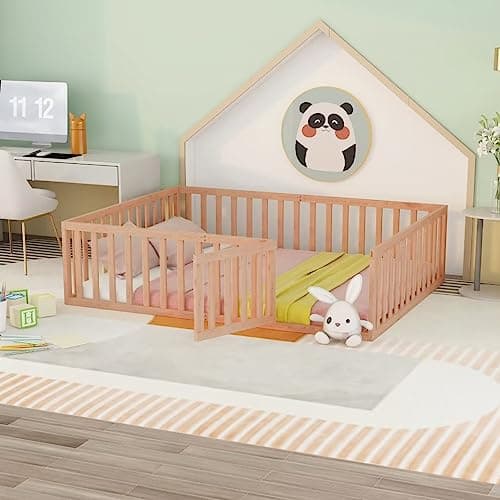 Montessori Floor Bed for Kids in Queen Size, Walnut Wood Frame with Fence and Door