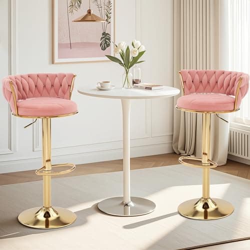 VECELO Pink Velvet Bar Stool Set, 4-Piece Gold Leg Counter Height Swivel