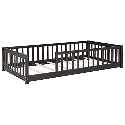 Espresso Toddler Twin Floor Bed with Fence, Easy Assembly