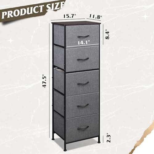 WLIVE 5-Drawer Fabric Dresser with Wood Top - Tall Storage Organizer for Bedroom, Closet, or Hallway in Dark Grey