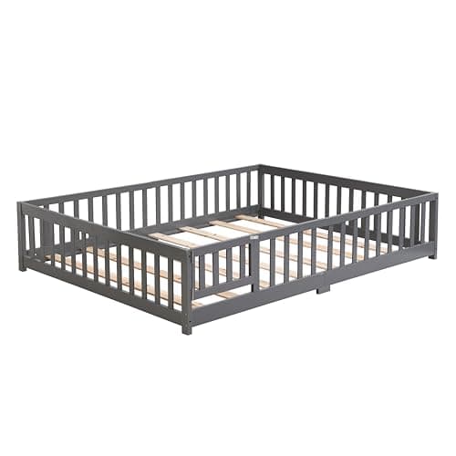 Queen Size Pine Wood Floor Bed Frame with Door and Rails - Grey