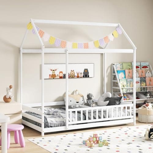 KOMFOTT White Wooden Twin Bed with Safety Guardrail & Roof for Kids