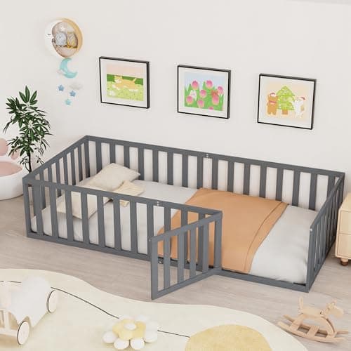 Twin Size Wood Montessori Bed with Guardrails & Detachable Door, White