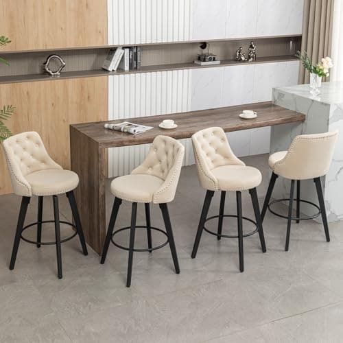 Beige Velvet Button Back Bar Stool Set, 4 Pack for Kitchen Island