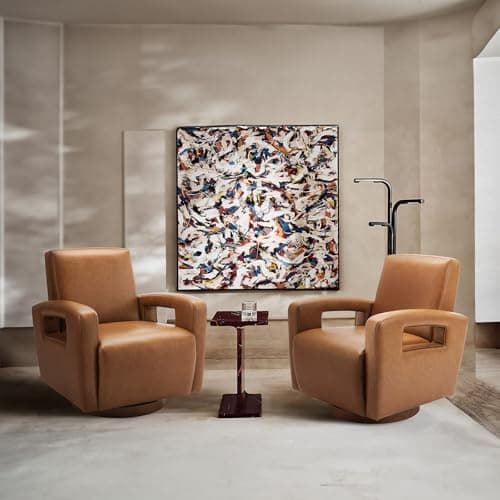 Lightbrown Faux Leather Swivel Chair Set, Solid Wooden Base, Ergonomic Backrest