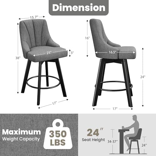 Dark Gray Fabric Upholstered Bar Stools with Back, 24" Counter Height, Set of 4