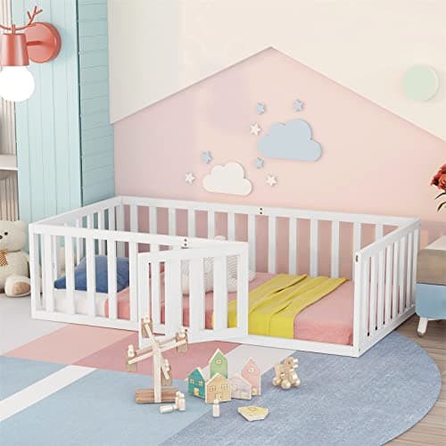 i-POOK Gray Twin Size Floor Bed with Safety Fence & Door