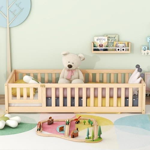 Wood Montessori Twin Floor Bed with Rails for Kids, Boys, Girls