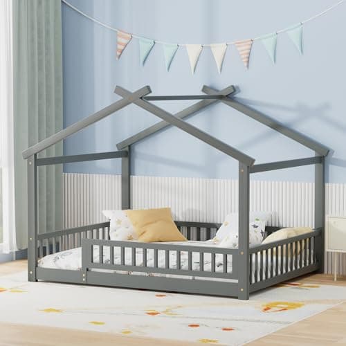 Twin Size Wooden Montessori Bed with Guardrails & Roof, No Box Spring Needed,Natural